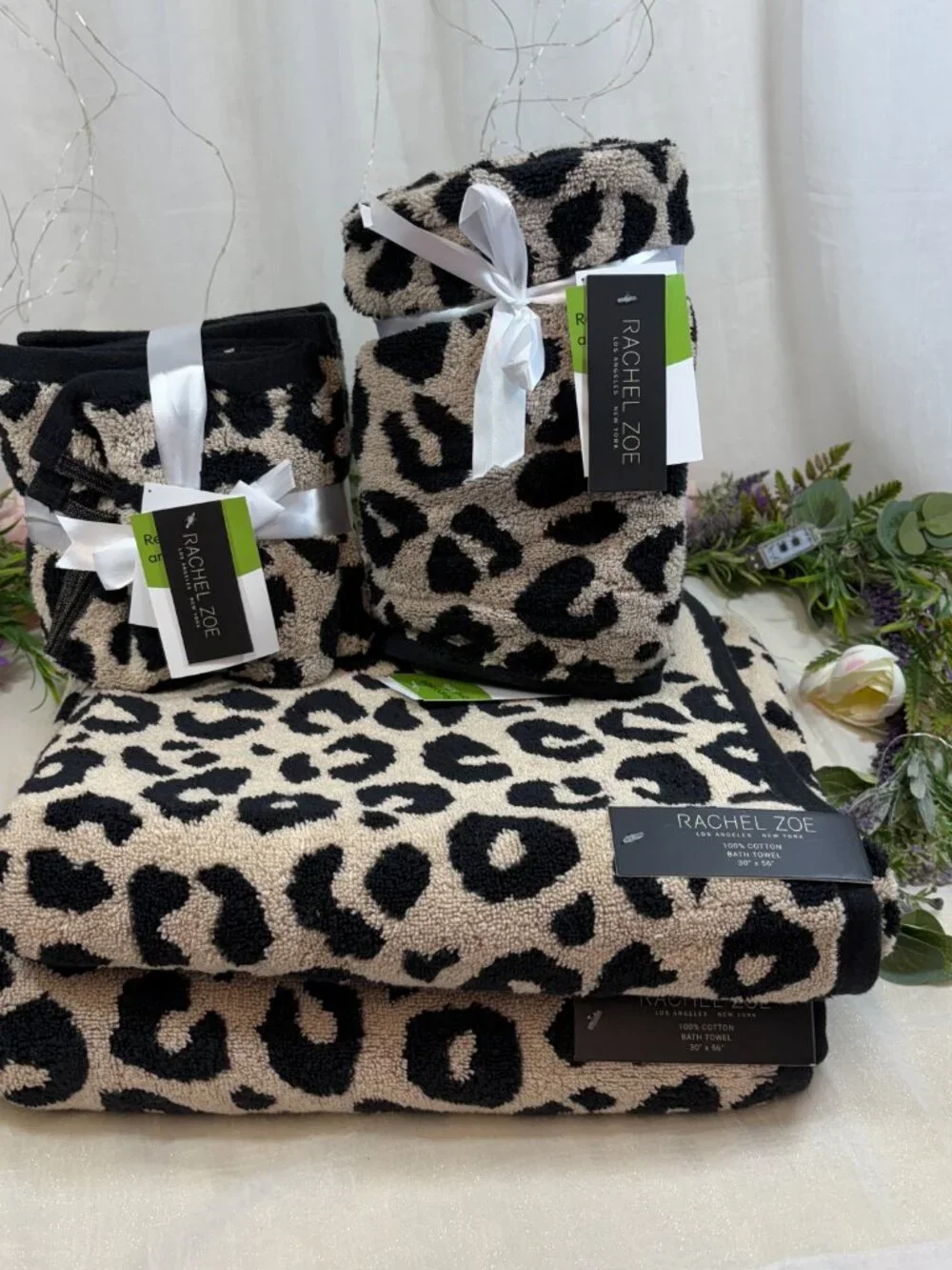 Rachel Zoe Leopard Print Black Beige Bath Hand Towels Washcloth 8 Pc Set Revers